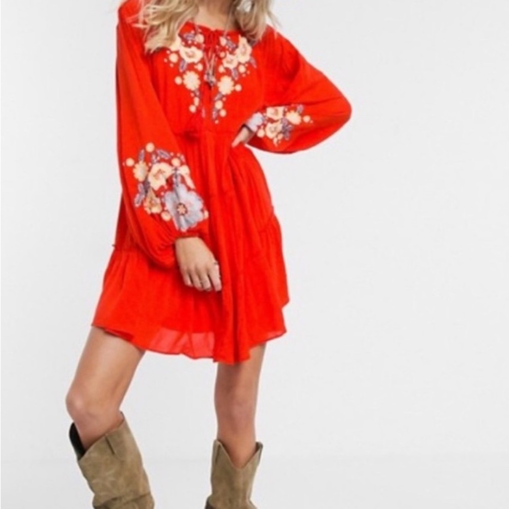 Free People Spell On You Embroidered Keyhole Dress in Poppy | SMALL !